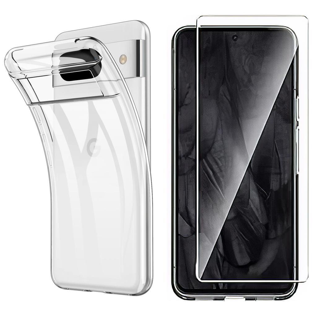 For Google Pixel 8 Clear TPU Case Phone Cover with 2.5D Arc Edge Tempered Glass Screen Film