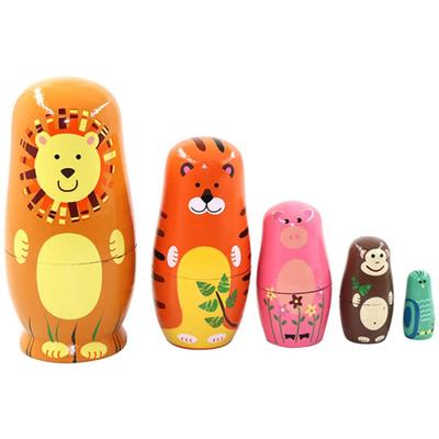 Matryoshka Wooden Cartoon Animal Nesting Dolls Lion Tiger Pig Monkey Owl 5 Layers Doll Set