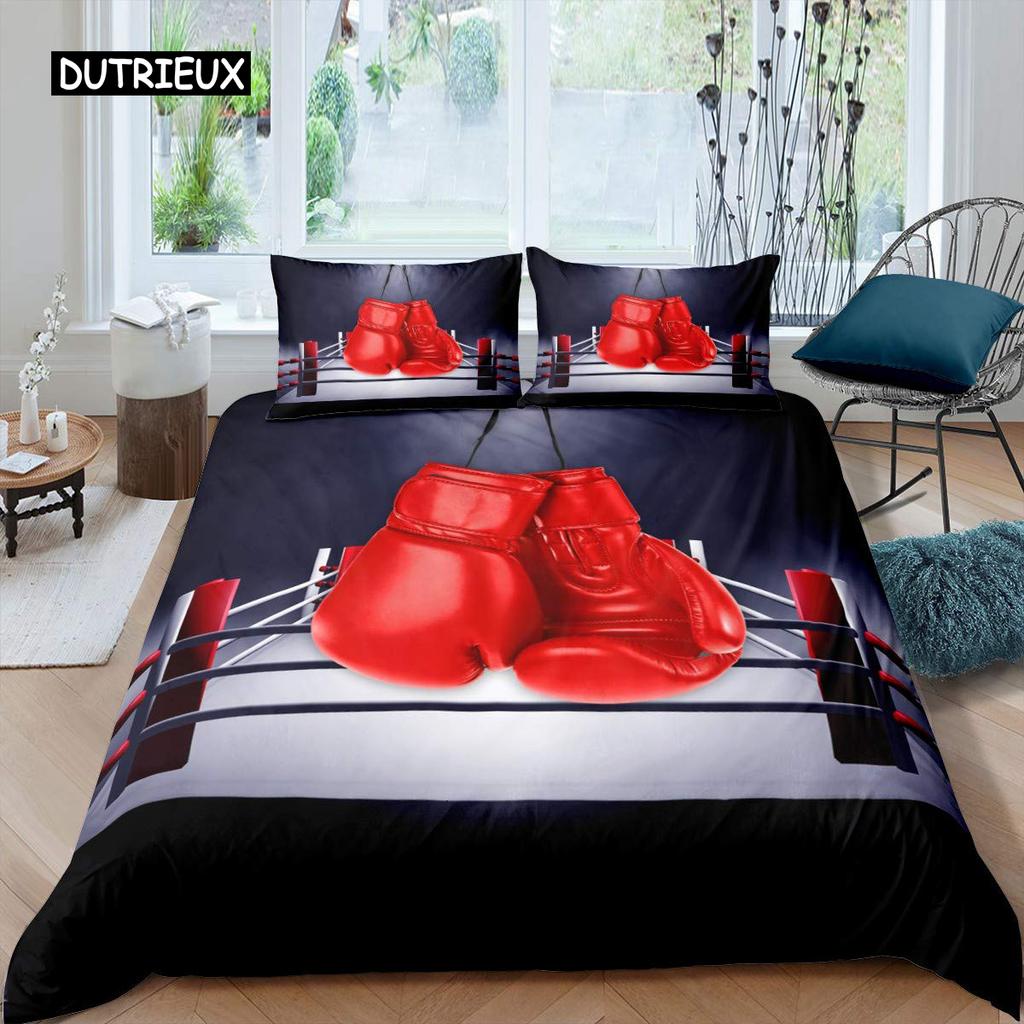Boxing Duvet Cover Set Sports Games Theme Twin Bedding Set Microfiber Boxing Gloves Athlete Silhouette Queen King Quilt Cover