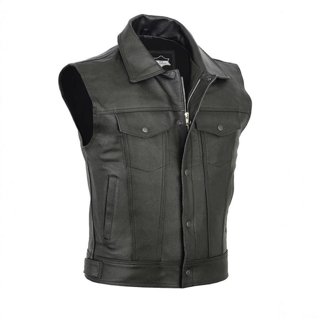 Men's Motorcycle Casual Leather Vest with Zipper and Button