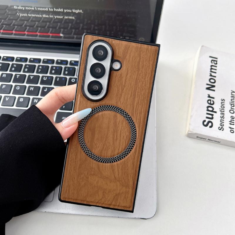 MagSafe Magnetic Wireless Charging PC+ Imitation Wood Grain Leather Phone Case For Samsung Z Fold 7 6 5 4 3 Folding Back Cover