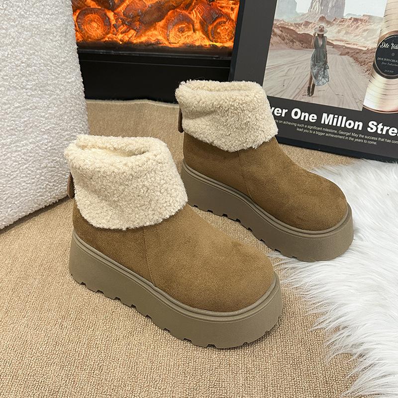 

Женские зимние ботинки на толстой подошве с увеличением роста, новинка 2025 года, плюшевые теплые пушистые короткие ботинки, модные уродливые и милые хлопковые ботинки с большой головой 40