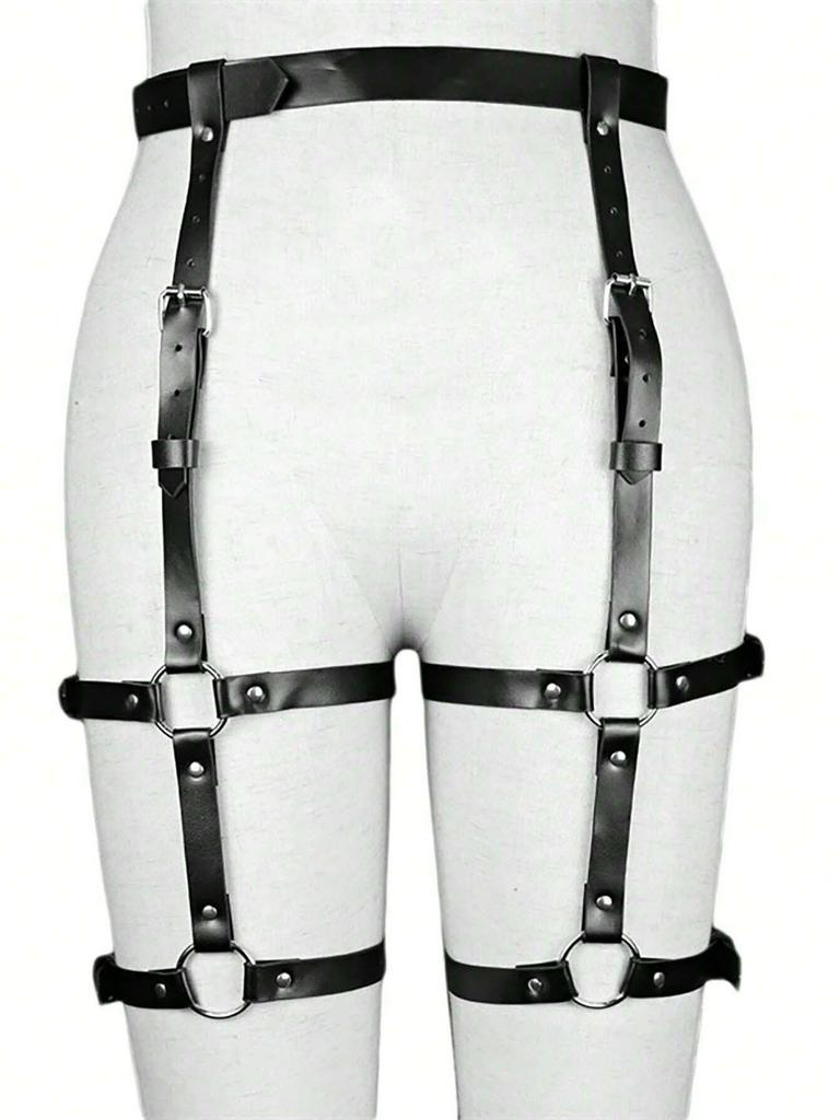 Women'S Adjustable Leather Leg Garter Belt, Punk Thigh Garters With Metal Rings, Parties And Dancing