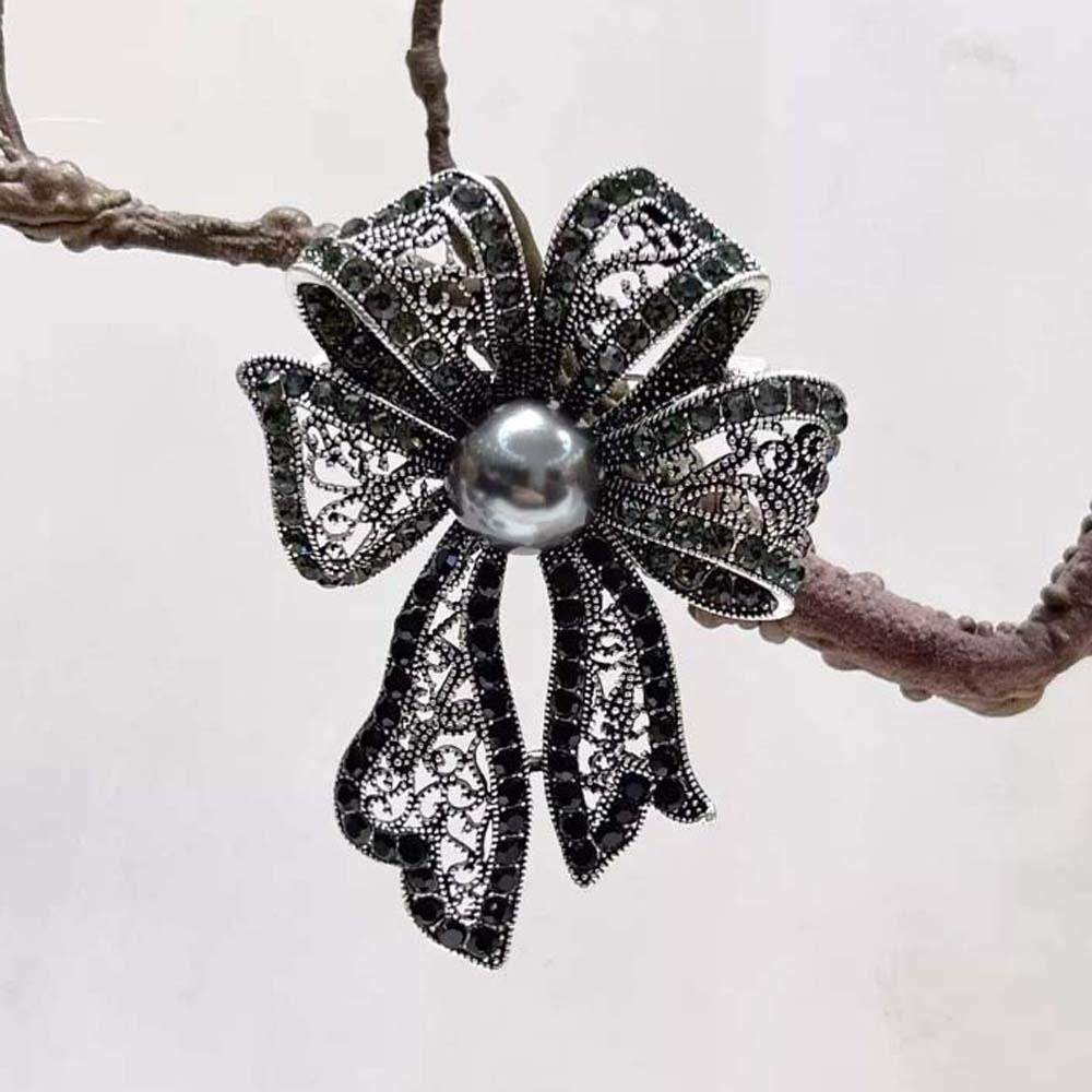 French Style Bow Brooch Vintage Black Brooch Exquisite Fully-rhinestone Pin Western-style Clothes