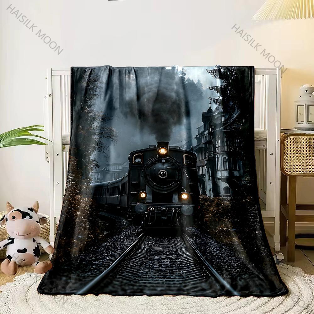 3D Vintage Train Print Flannel Queen Blanket - Soft Cozy Blanket for Couch, Sofa, or Bed, Office Travel Camping Holiday Gifts