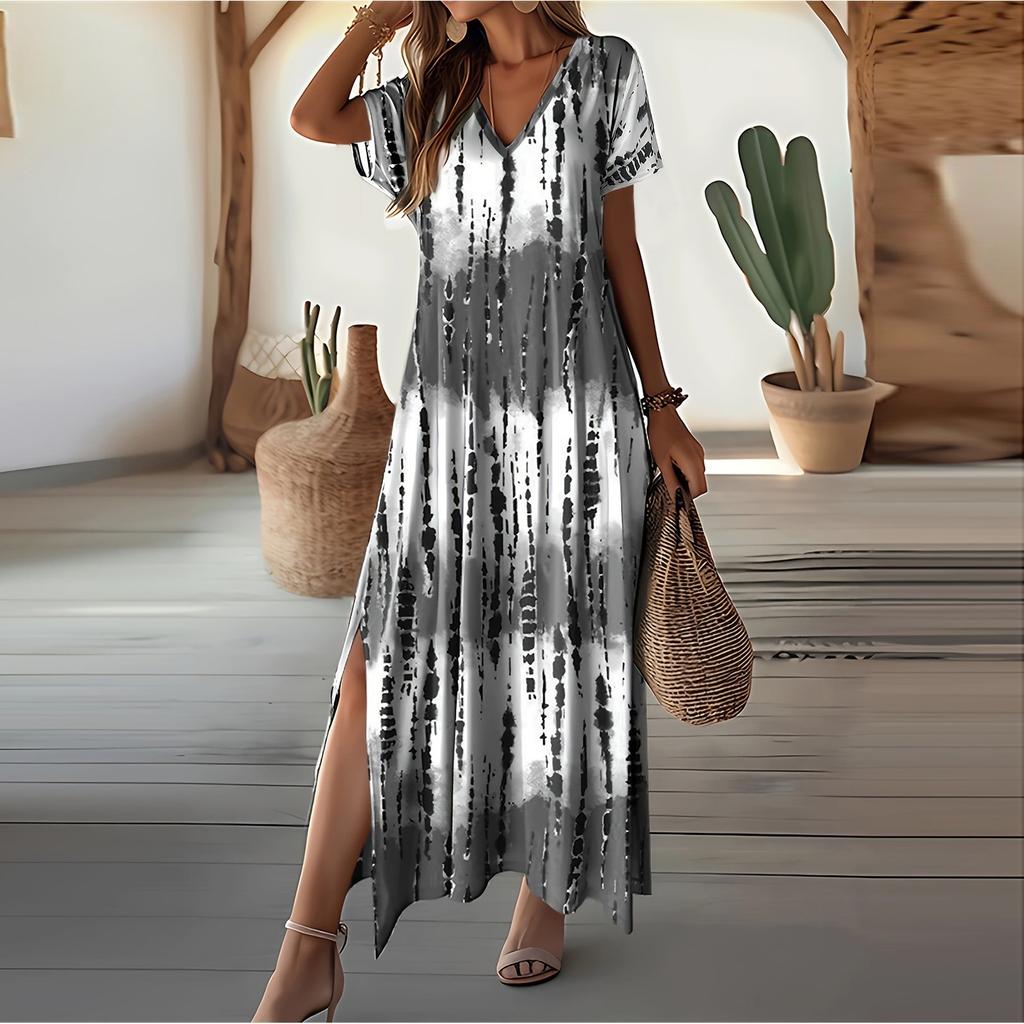 Damen Modisches Bedrucktes V-Ausschnitt Kurzarm Lockeres Kleid