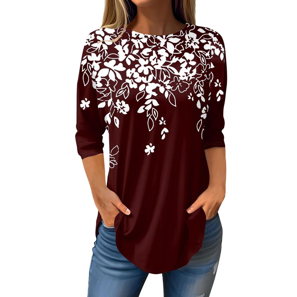 Damen-T-Shirts, 3/4-Ärmel, einfarbig, Pullover, Sommer, Frühling, Tops, Blusen