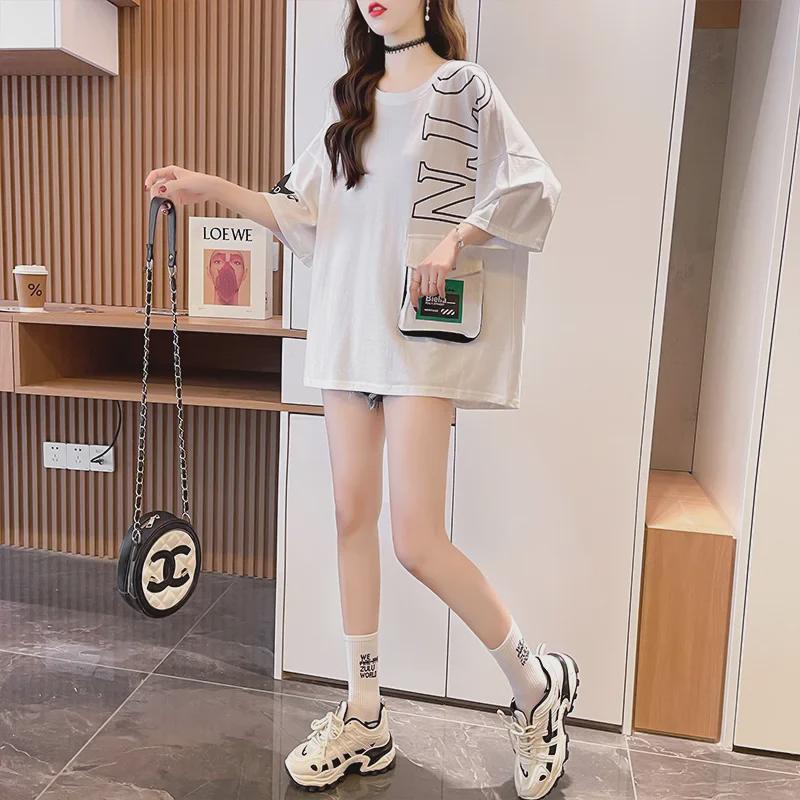 2023 Summer Korean Patchwork Pocket Letter Print Loose Short-Sleeve T-shirt for Women