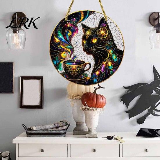 Decorative Craft Board Tag Moon Cat Halloween Window Hanging Decor, Mystical Black Round Sign Door Plaque for Indoor Outdoor Wall Art, Gothic