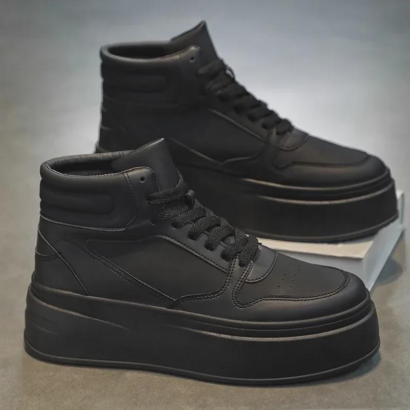 2024 Korean Style Men's White High-Top Sneakers: Autumn/Winter Casual Height-Increasing Sports Shoes