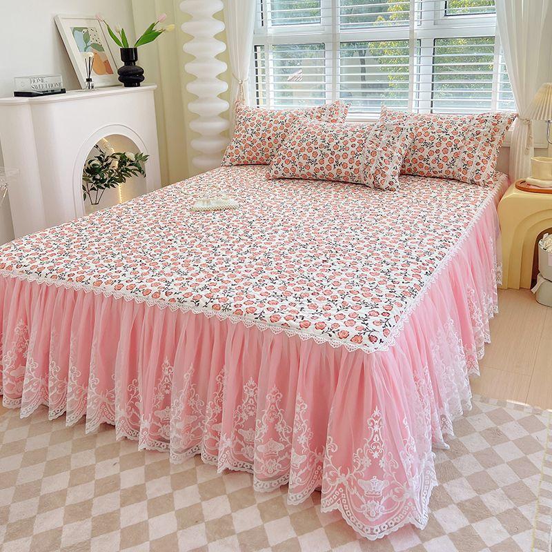 Saia de cama acolchoada estampada pastoral francesa, renda bordada, colcha grossa, roupa de cama à prova de poeira com lençol de algodão antiderrapante