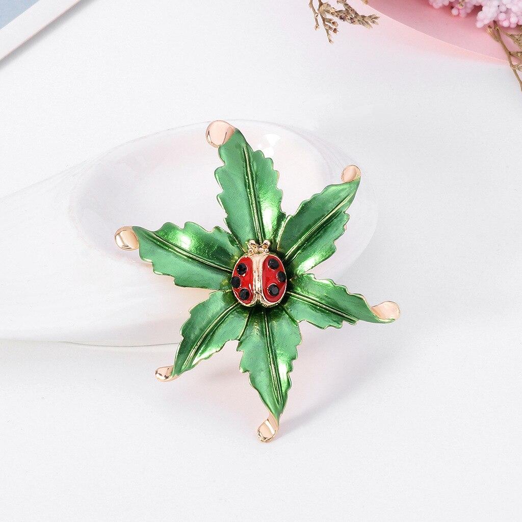 Blucome Crystal Heavy Ladybug Beetle Insect Brooch Pin Enamel Animal Leaf Broach Women Christmas Costume Jewelry
