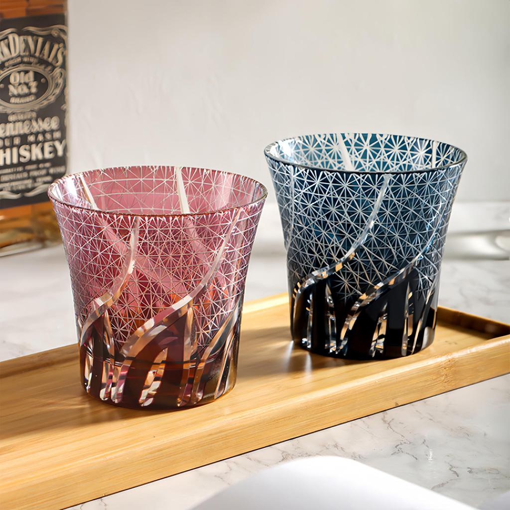 MGOXO Cut Glass Tumblers 260ml Rock Beer Sake Whiskey Chrysanthemum Dishwasher Handcrafted by in a Paulownia Wood Suitable for and Stylish and Popular