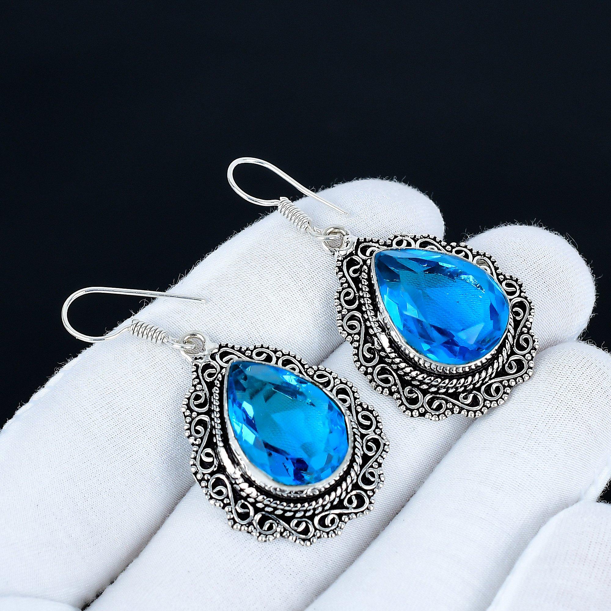 

Beautiful Blue Topaz Gemstone Earrings, 925 Sterling Silver Earrings, Silver Earrings For Gift, Blue Topaz Dangle Drop Earrings For Christmas Gifts 5 Cm синий
