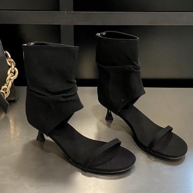 

2025 Новые лаконичные джинсовые женские ботильоны с открытым носком и клипсой, плиссированные, на низком тонком каблуке, римские ботильоны-сандалии, женская обувь 40 чёрный