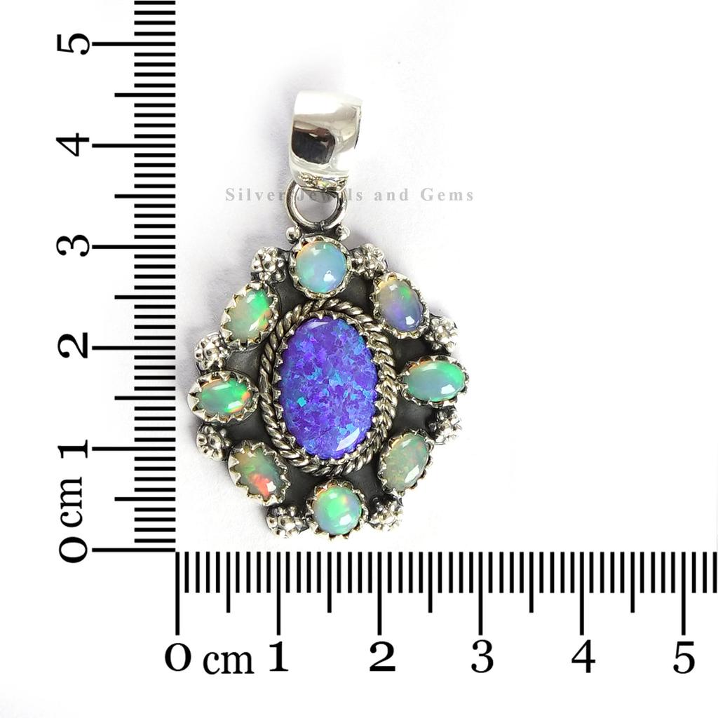 Natural Ethiopian Opal and Purple Opal Cluster Pendant, Gift for Wife, Multi Stone Pendant, 925 Sterling Silver Pendant, Fire Opal Pendant