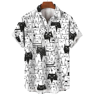 Herren Hawaiihemd 3D-Druck Kurzarm Niedliche Katze Lässig Für Männer Vintage Kleidung Harajuku Blumenbluse