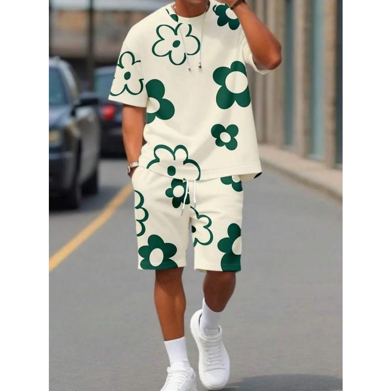 Summer Men's Breathable and Comfortable Round Neck T-shirt Shorts with Printed Pattern Outdoor Casual Two-piece Set