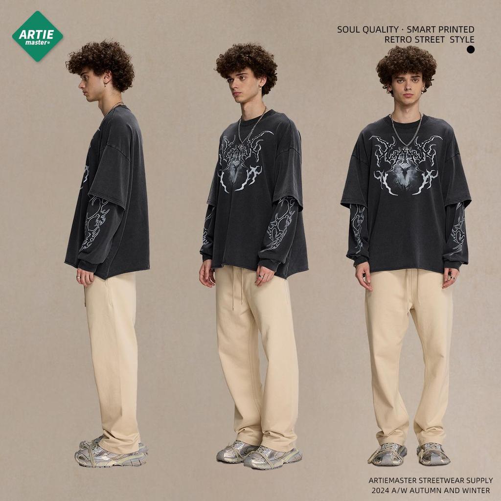 2025 Herbst Retro Fake Two-Piece Herren Bedruckt Langarm Used Schnee-Waschung T-Shirt