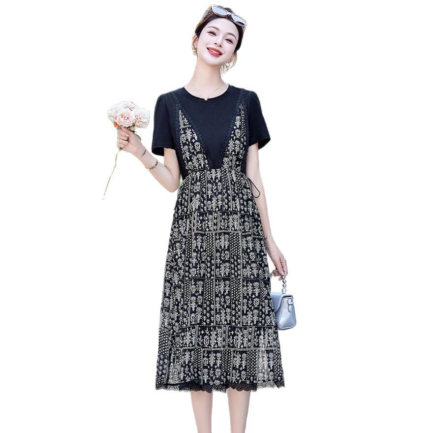 Fake two-piece dress women's summer new small fashion temperament waist and thin skirt