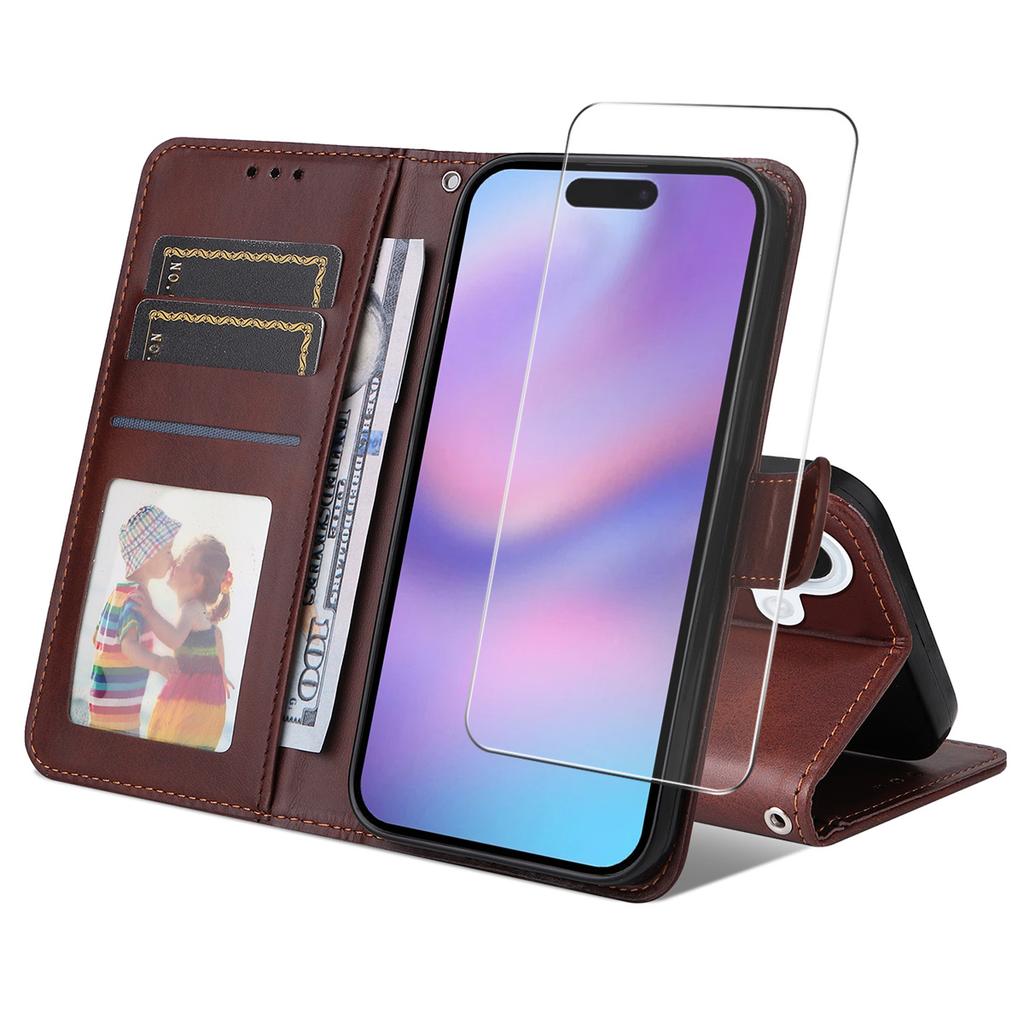 For iPhone 16 Plus PU Leather Wallet Case Phone Stand Cover with Tempered Glass