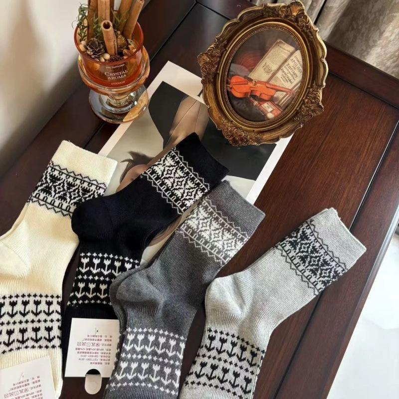 Female Autumn Retro Stitching Striped National Wind Drum Stack Socks