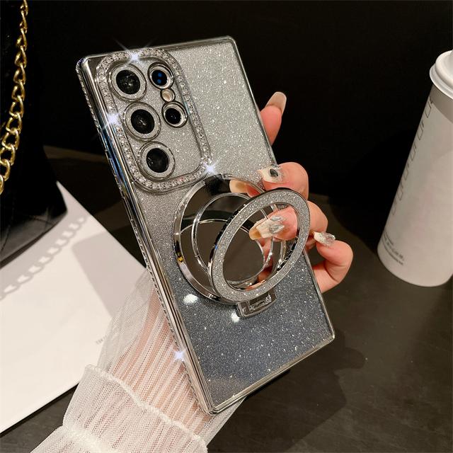 For Samsung Galaxy S23 Ultra Luxury Glitter Mirror Holder Flash Plating Diamond Frame Phone Case For Samsung S22 S24 Plus Cover