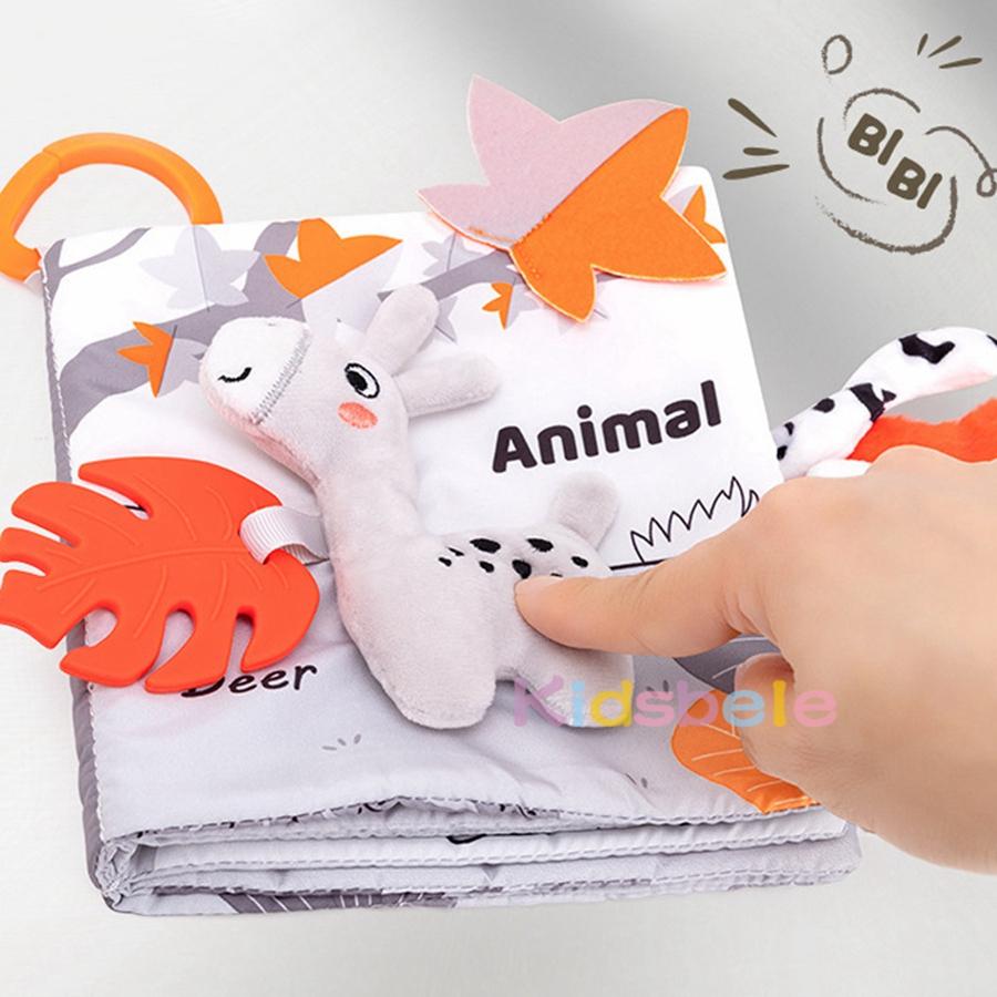 Infant Soft Cloth Book with Textured Animal Tail Crinkle Pages Early Learning Sensory  for Babies Montessori Stroller Crib Toy