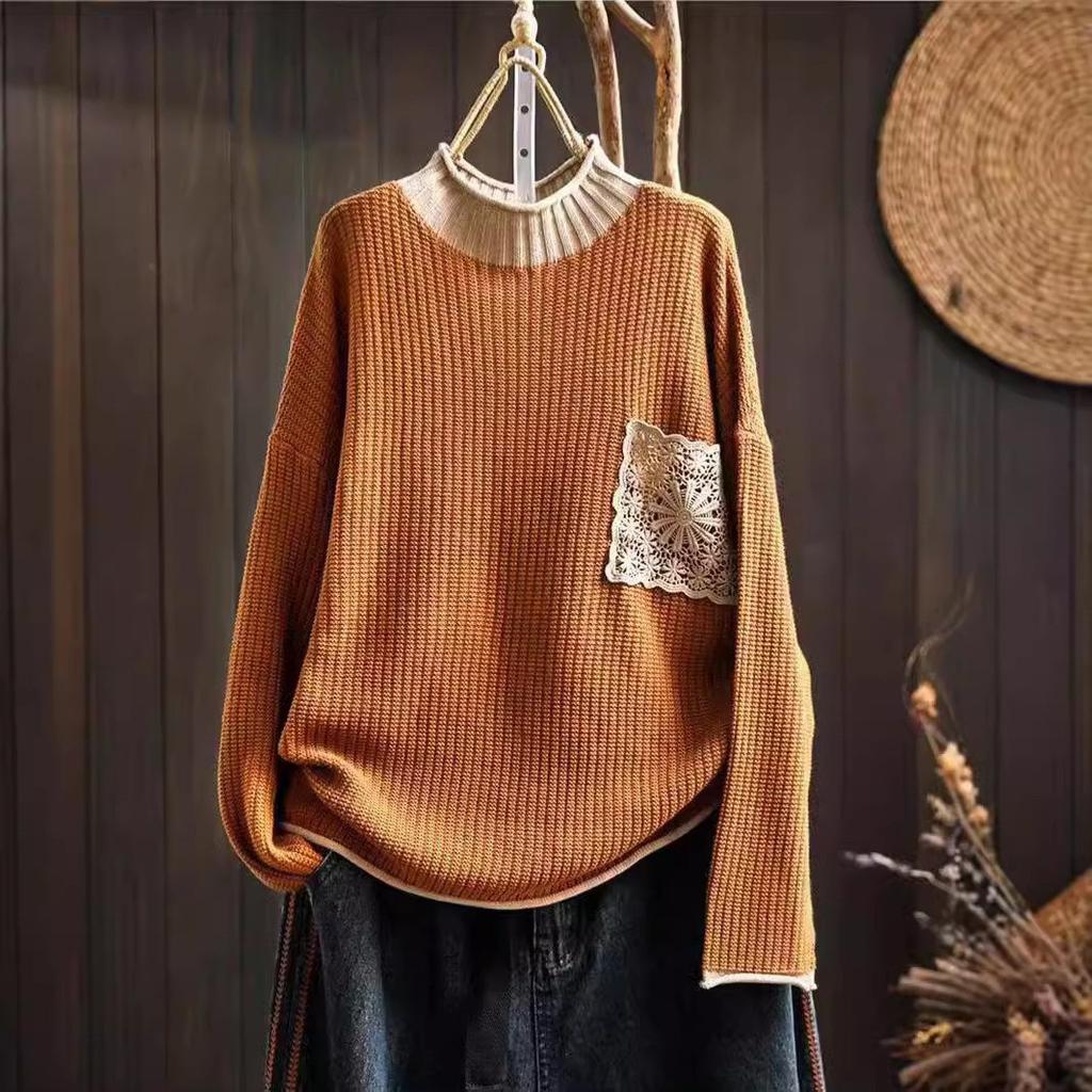 Vintage Applique Cotton Cable Knit Sweater Women Round Neck Loose Slouchy Pullover Casual Top