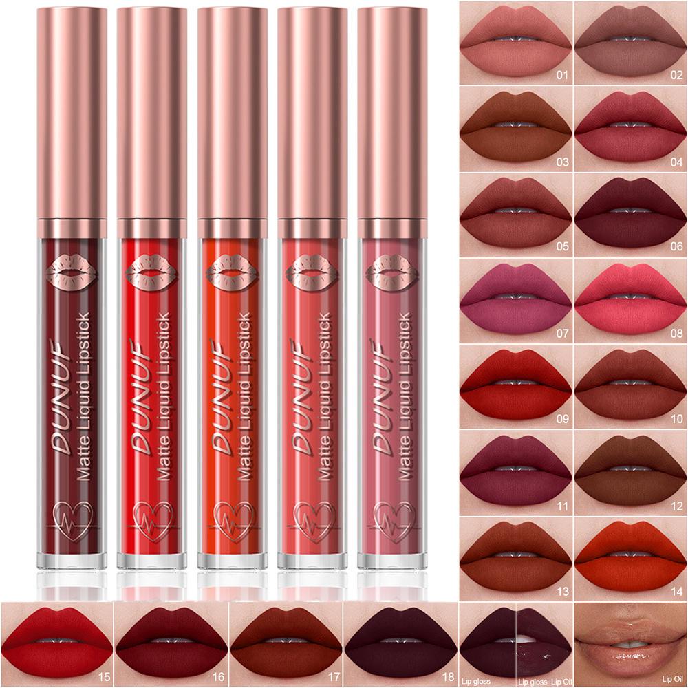DUNUF 18 Farben Mattes Samt-Lippenstift Wasserdicht Langanhaltend Nude Matt Lipgloss Klar Feuchtigkeitsspendendes Lippenöl für Damen Make-up