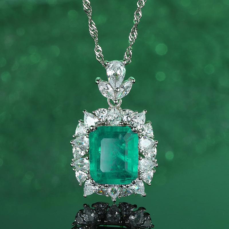 S925 Sterling Silver Simulated Emerald Pendant Necklace with 5A Zircon S925 Silver