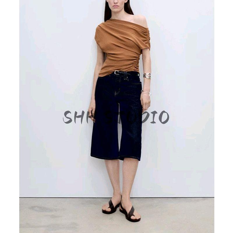 Spring and Summer New Arrival Women's Clothing French Minority Ruched Decorative Asymmetric Shoulder Waist-Controlled Top 87075751