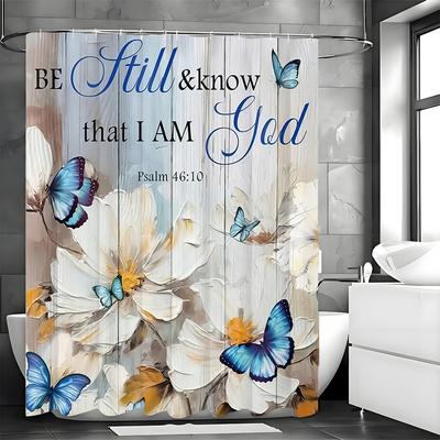 White Floral Butterfly Wood Grain Oil Painting Art Shower Curtain, Bathroom Decorative Shower Curtain, Waterproof Shower Curtain