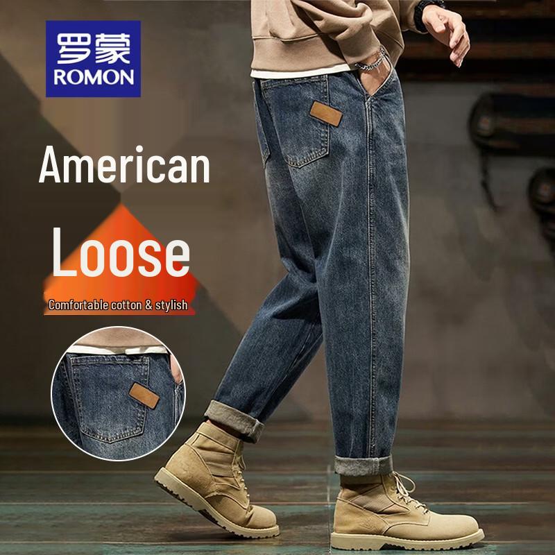 ROMON Men s Classic Vintage Washed Loose Straight Fit Jeans 31