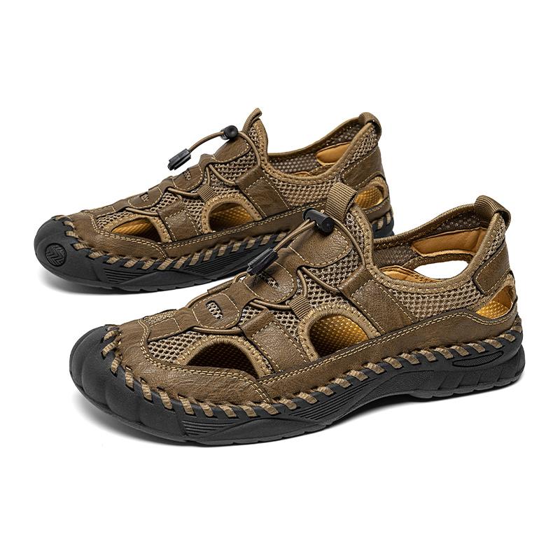 Fashion Brown Men's Leather Sandals Closed Toe Fishermen Sandal Comfortable Hiking Walking Summer Beach Shoes for Men Large Size 48