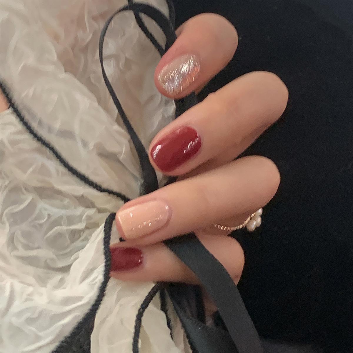 Cherry burgundy glitter wearing nail finished nail patch nail patch fake nail waterproof removable nail piece