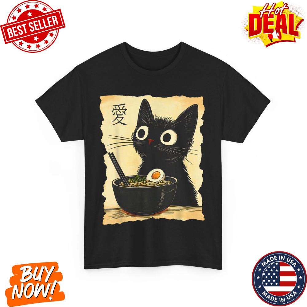 Funny Cat Ramen Graphic Tee Japanese Kawaii Anime Cat T-Shirt Size S-5XL Unisex T-Shirt XXXL
