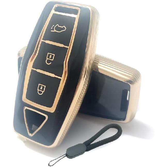 Key Fob Cover Compatible with Mitsubishi Outlander 2025 2024 2023 2022 Case Protector TPU with Little Lanyard 4 Buttons Gold Red