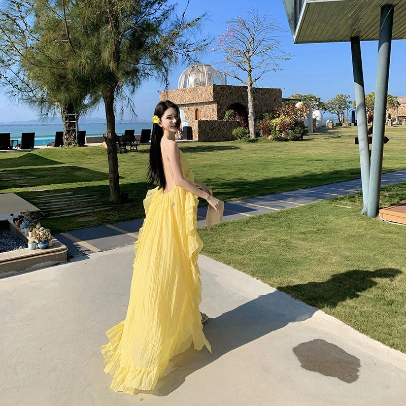 Seaside Vacation Dress Women's Summer New Celebrity Temperament Neck Halter Yellow Long Skirt