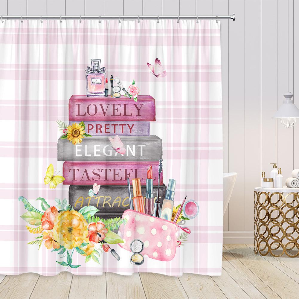 Pink Perfume Fashion Shower Curtains Cosmetics High-heels Dress Floral Bathroom Decorations Girl Vintage Bath Curtain with Hooks
