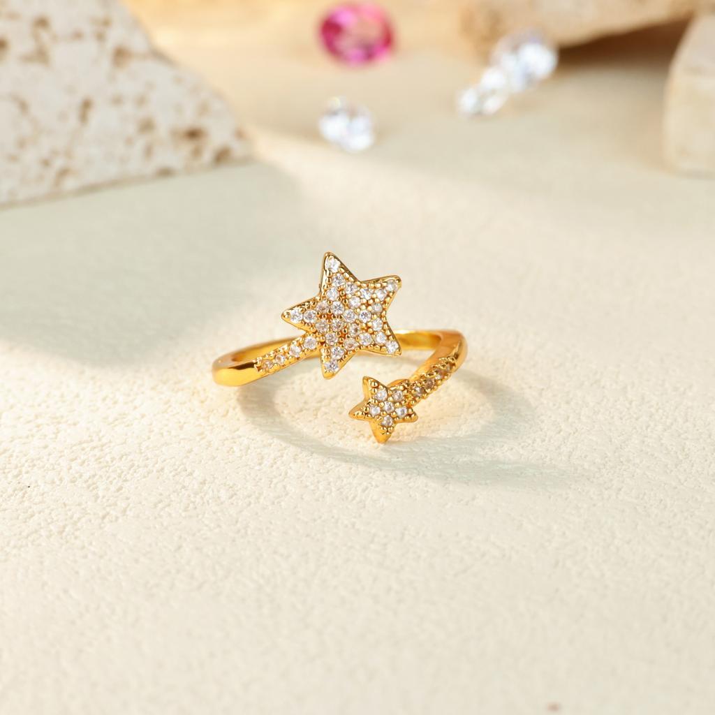 Zircon Star Ring for Women Stainless Steel Sparkle Double Stars Gold Color Ring Wedding  Couple Jewelry Party Gift Anillo