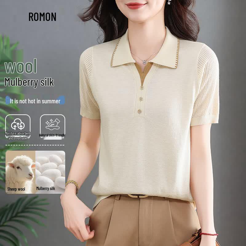 Romon Women s Silk-Wool Blend Short-Sleeve Polo Knit Top M