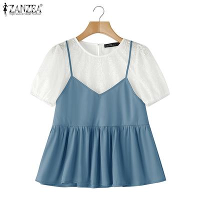 Women Casual Fake Two Piece Lace Short Sleeve Blouse