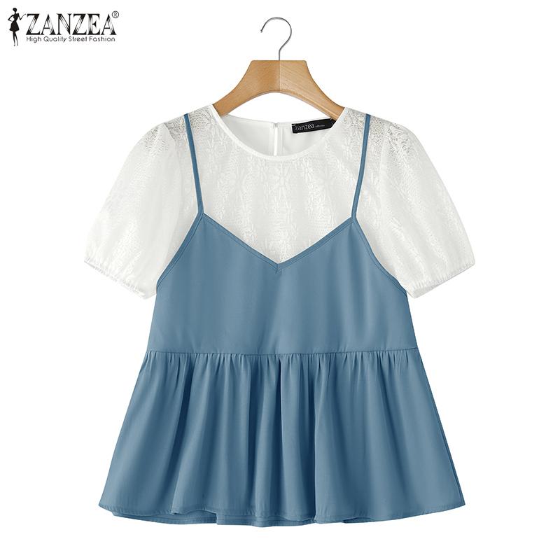 

ZANZEA Women Casual Fake Two Piece Lace Short Sleeve Blouse S светло-синий