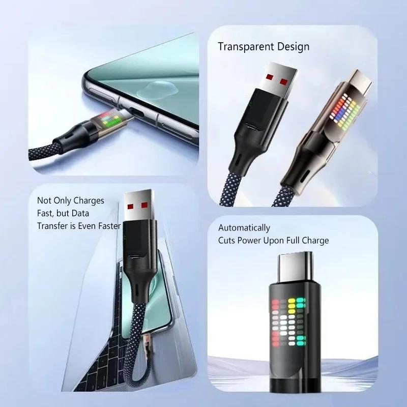 111W Cable 6A Super Fast Charging USB-A To Type-C Nylon Data Cord With Colorful LED Display USB C Cable For Xiaomi Samsung 1Pcs