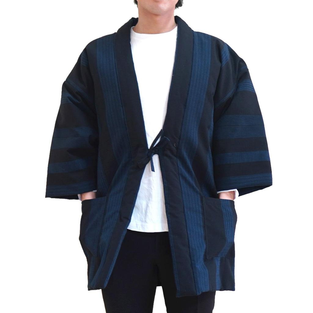 Morioru Kurume Woven Men's Hanten (Hanten), Navy/Striped, Made in Japan, Washable, Quilted Lining, Eco-Friendly, Dotera/Donbuku