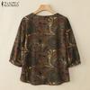 ZANZEA Women Casual Round Neck 3/4 Sleeve Cotton Retro Print Blouse
