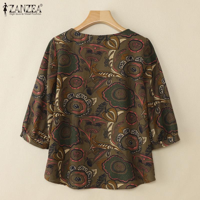 ZANZEA Bluză casual de damă cu gât rotund, mâneci 3/4, bumbac cu imprimeu retro