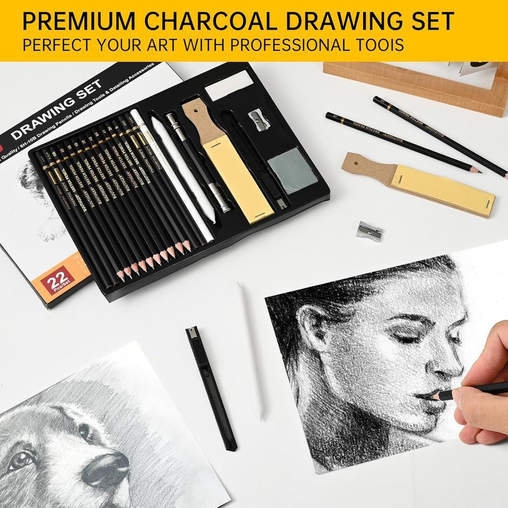 22-Piece Drawing Kit Sketch Pencils Set - Graphite Pencils (6H-10B) Black and White Charcoal Pencil Charcoal Sticks - Drawing Pencil Kit for Artists