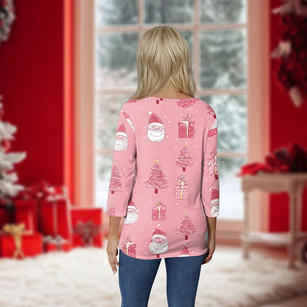 Damen-Oberteil mit Rundhalsausschnitt, 3/4-Ärmeln und Weihnachts-Print